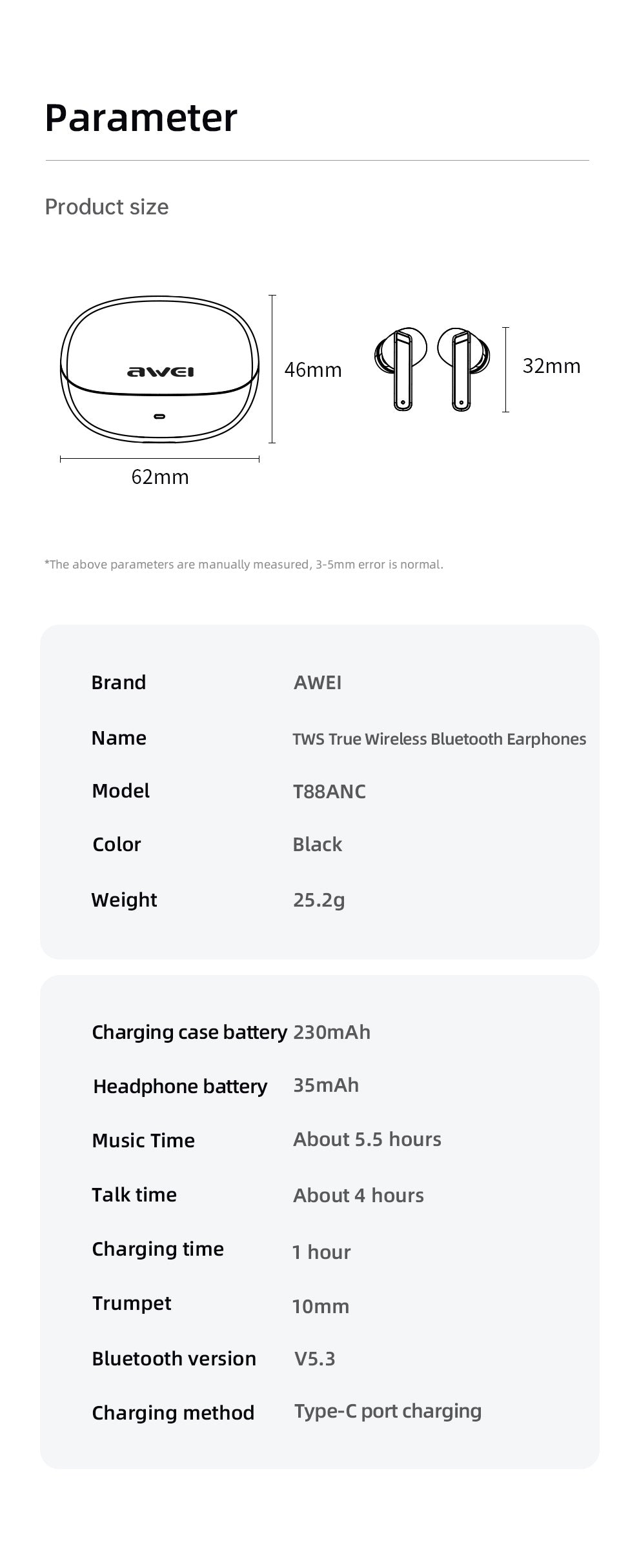 AWEI ANC ENC True Wireless Sport Bluetooth-oortelefoons