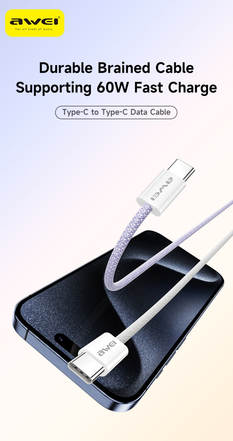 AWEI TYPE-C naar TYPE-C gevlochten touw 60W snellaadkabel 2m