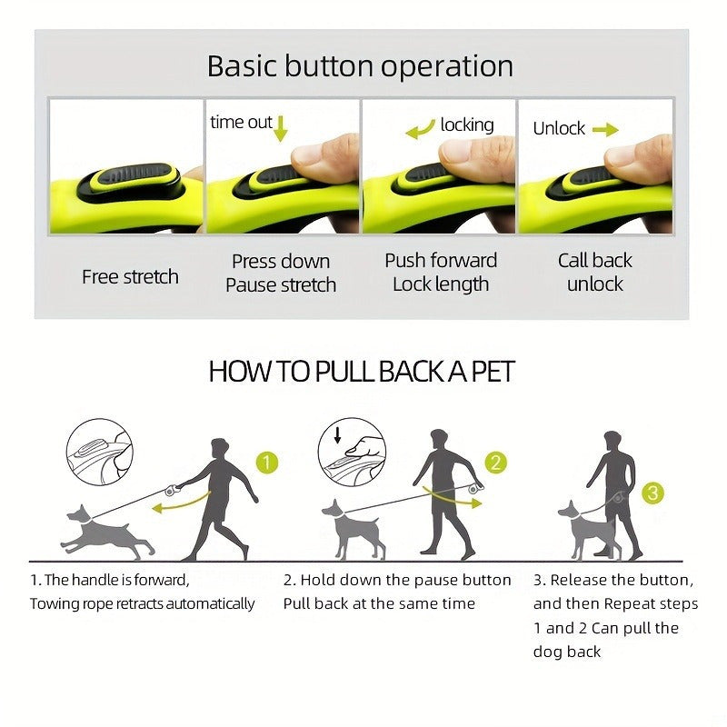 Robuuste, intrekbare hondenriem voor grote honden tot 49,9 kg - 4,88 meter, reflecterend nylon, antislip handvat, één knop, groen en zwart