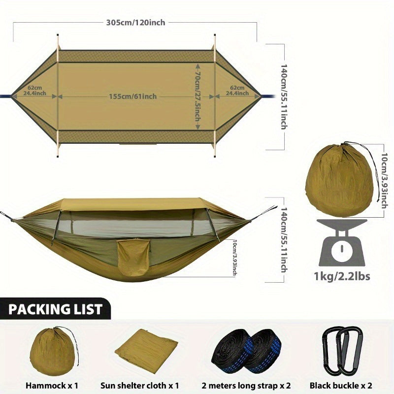 2025 Verbeterde dubbellaagse kampeerhangmat. 210D nylon mesh kampeerhangmat. Zonnebrandcrème en insectenwerend ontwerp met dubbele rits. Draagbare outdooruitrusting met karabijnhaak. Draagvermogen: 227 kg.