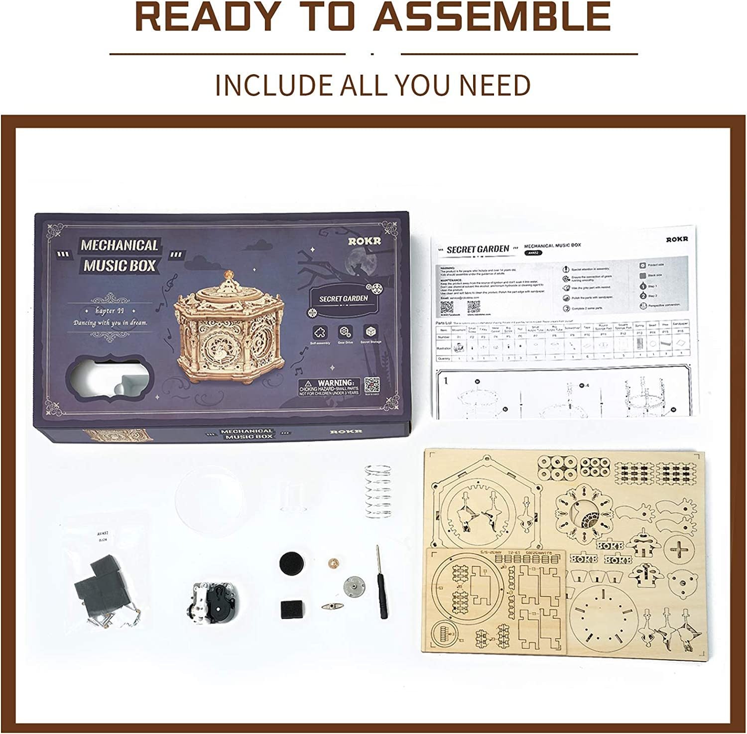 Robotime Rokr DIY mechanische muziekdoos kit 3D houten puzzeldoos voor volwassenen zelfbouwproject - Secret Garden