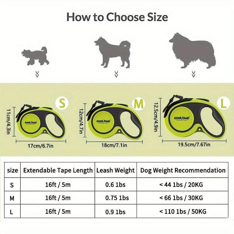 Robuuste, intrekbare hondenriem voor grote honden tot 49,9 kg - 4,88 meter, reflecterend nylon, antislip handvat, één knop, groen en zwart
