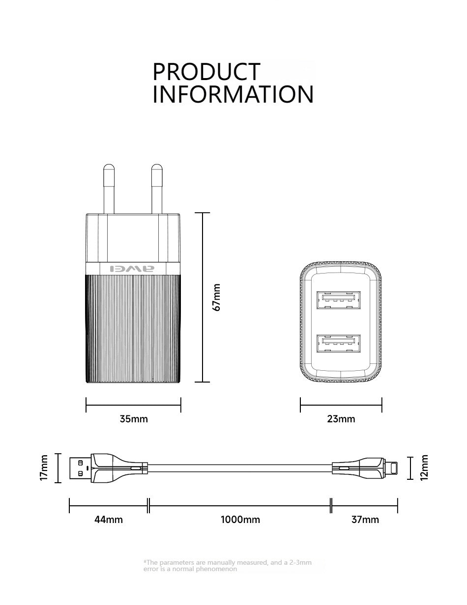 AWEI C15L Dubbele USB-oplaadkop, Lightning-kabelset 1M