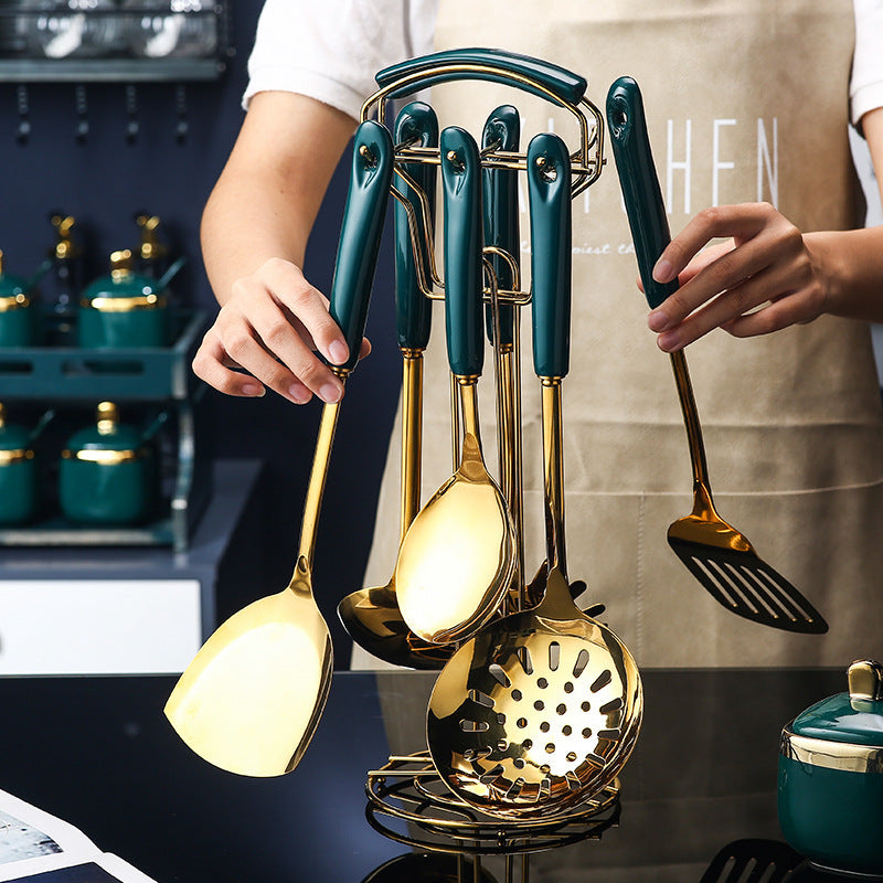 7 stuks roestvrijstalen siliconen keukengereedschap, spatel, spatel, pollepel, serveerlepel, pasta-serveerset