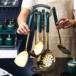 7 stuks roestvrijstalen siliconen keukengereedschap, spatel, spatel, pollepel, serveerlepel, pasta-serveerset