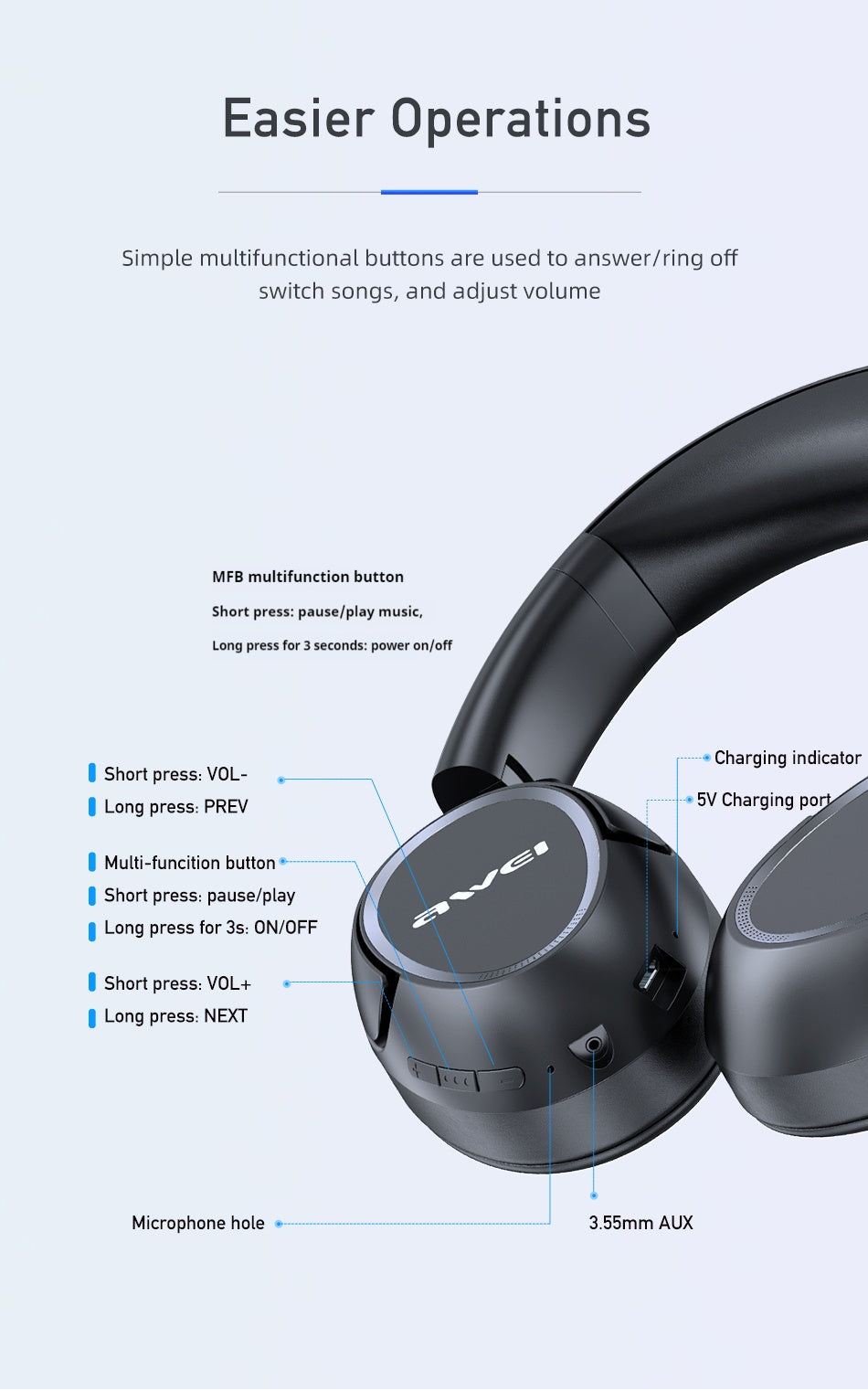 AWEI draadloze stereo Bluetooth-headset