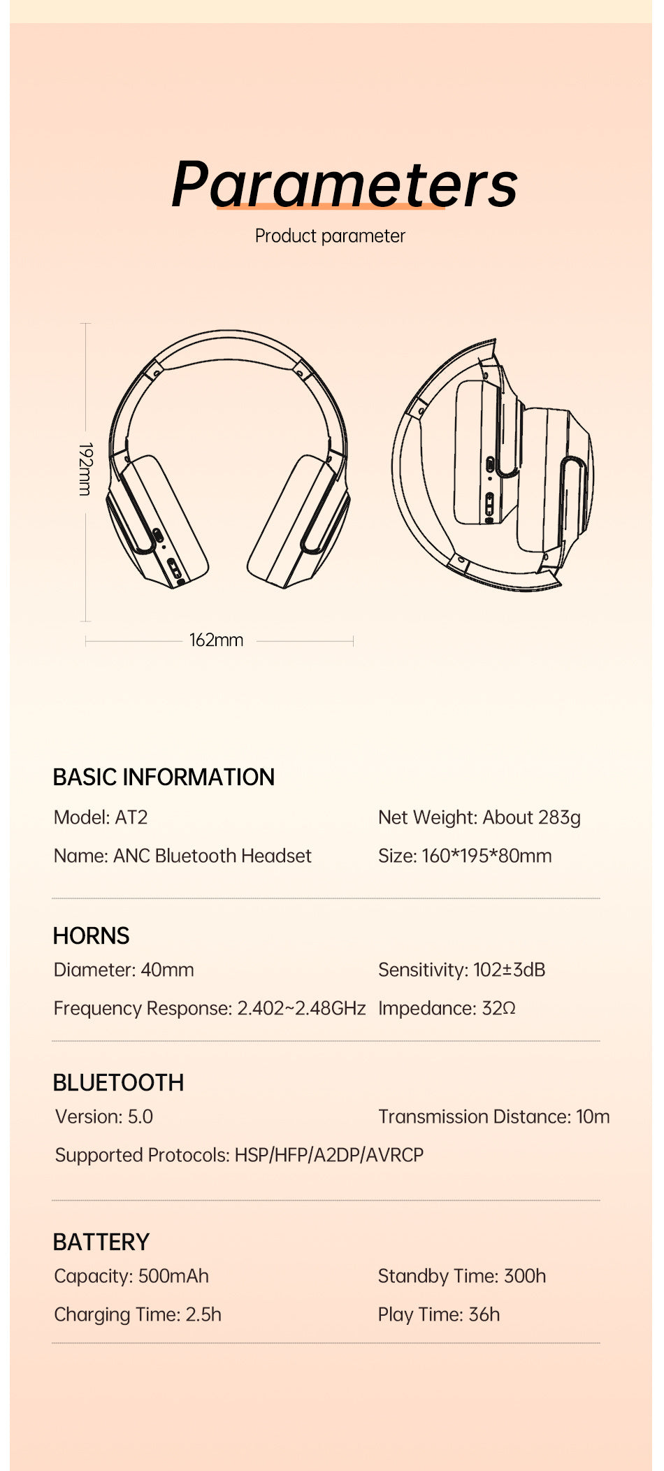 AWEI AT2ANC Bluetooth-headset met actieve ruisonderdrukking