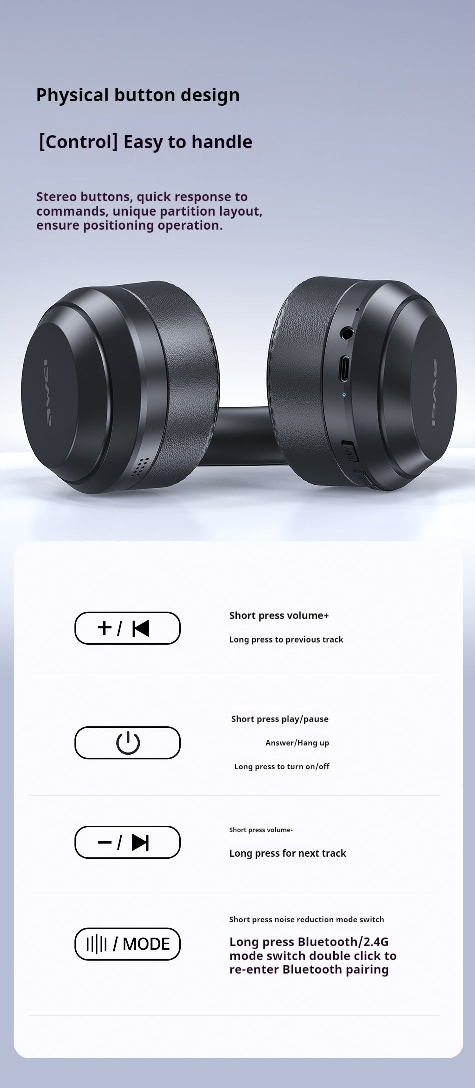 AWEI ANC ENC Hybrid Feed Actieve Droogte-Reducerende Bluetooth Headset Voor Het Dragen