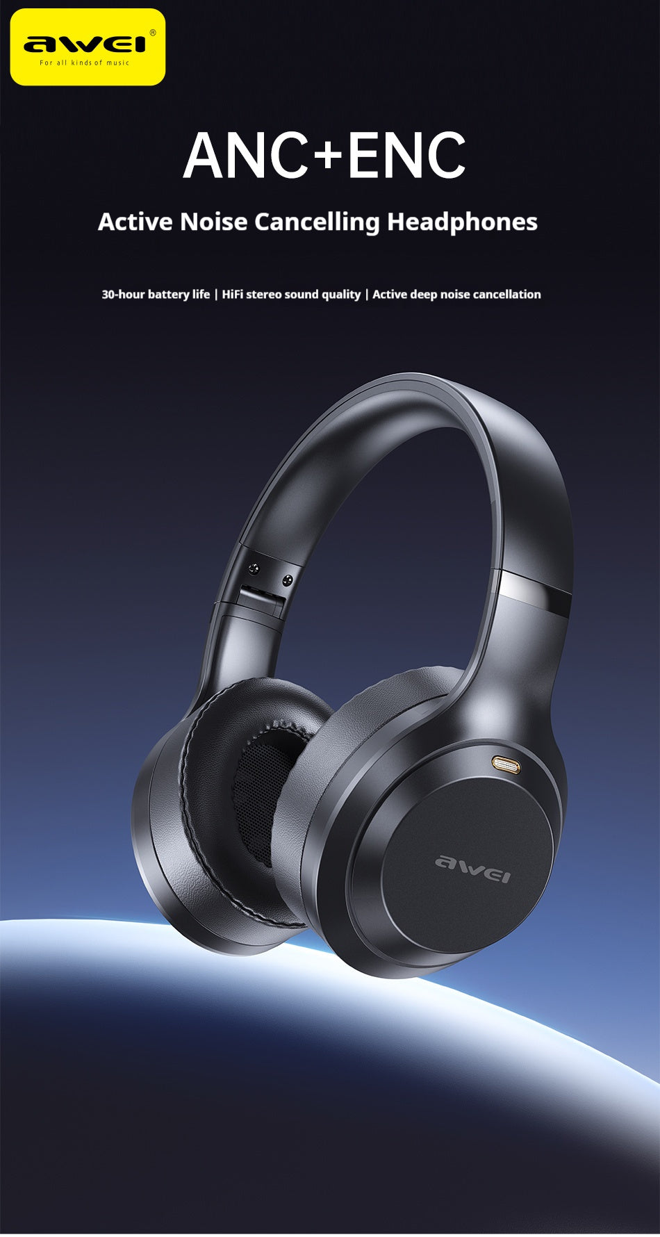 AWEI ANC ENC Hybrid Feed Actieve Droogte-Reducerende Bluetooth Headset Voor Het Dragen