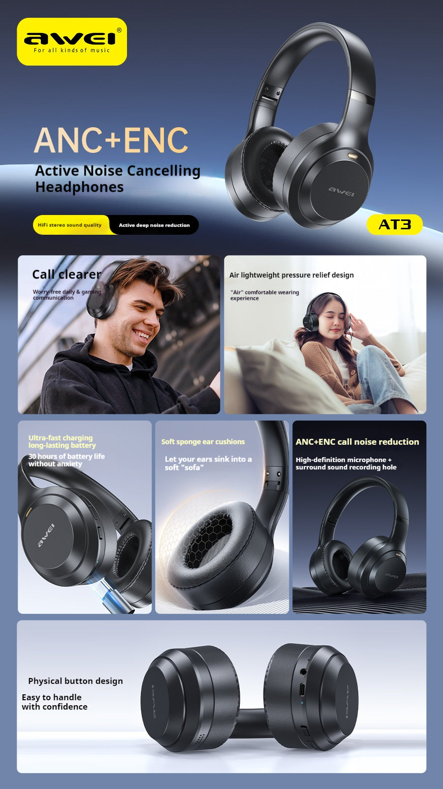 AWEI ANC ENC Hybrid Feed Actieve Droogte-Reducerende Bluetooth Headset Voor Het Dragen