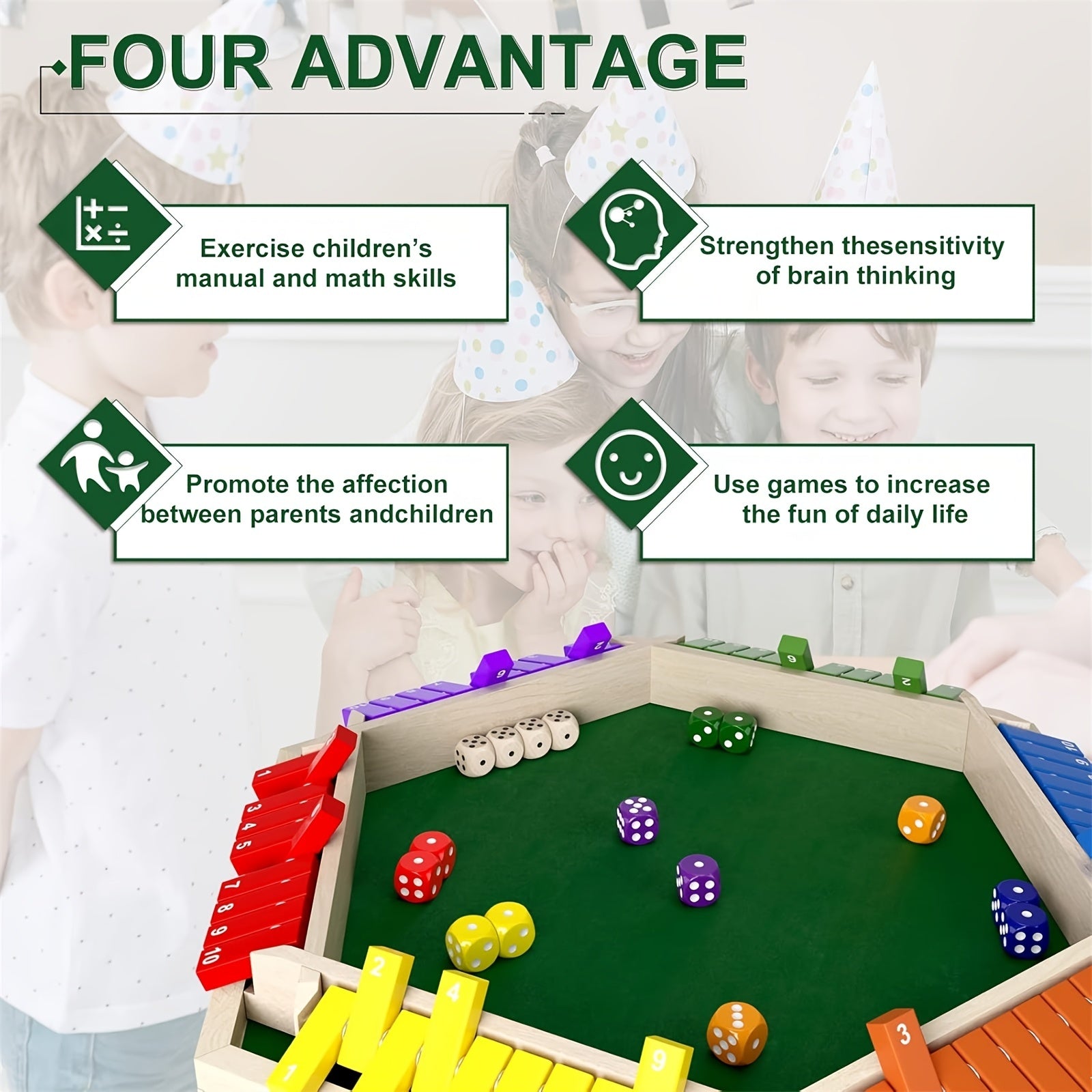 Shut The Box Dobbelspel, 6-zijdig educatief Shut The Box Wiskundespel van hout met 12 dobbelstenen voor feestjes voor volwassenen.