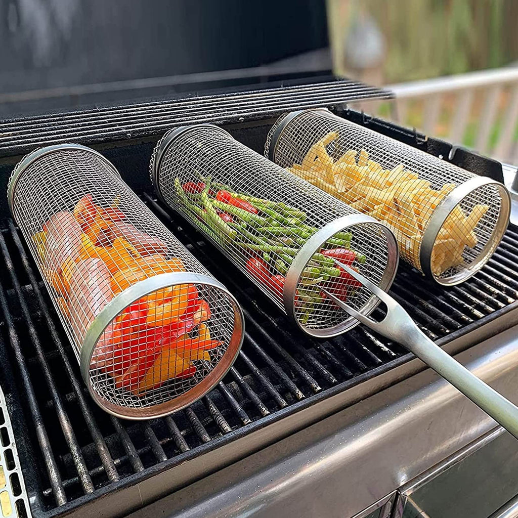 Rollende grillmand, metalen barbecuemand, draagbaar barbecue-rek voor buiten, keukengadgets