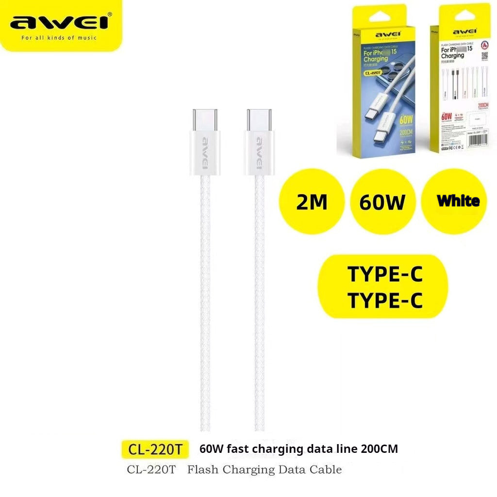 AWEI USB-A naar LIGHTNING snellaadkabel 1M en AWEI TYPE-C naar TYPE-C gevlochten kabel 60 W snellaadkabel 2M