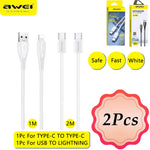 AWEI USB-A naar LIGHTNING snellaadkabel 1M en AWEI TYPE-C naar TYPE-C gevlochten kabel 60 W snellaadkabel 2M