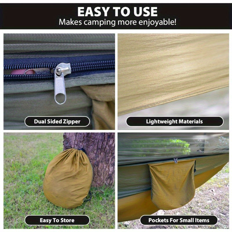 2025 Verbeterde dubbellaagse kampeerhangmat. 210D nylon mesh kampeerhangmat. Zonnebrandcrème en insectenwerend ontwerp met dubbele rits. Draagbare outdooruitrusting met karabijnhaak. Draagvermogen: 227 kg.