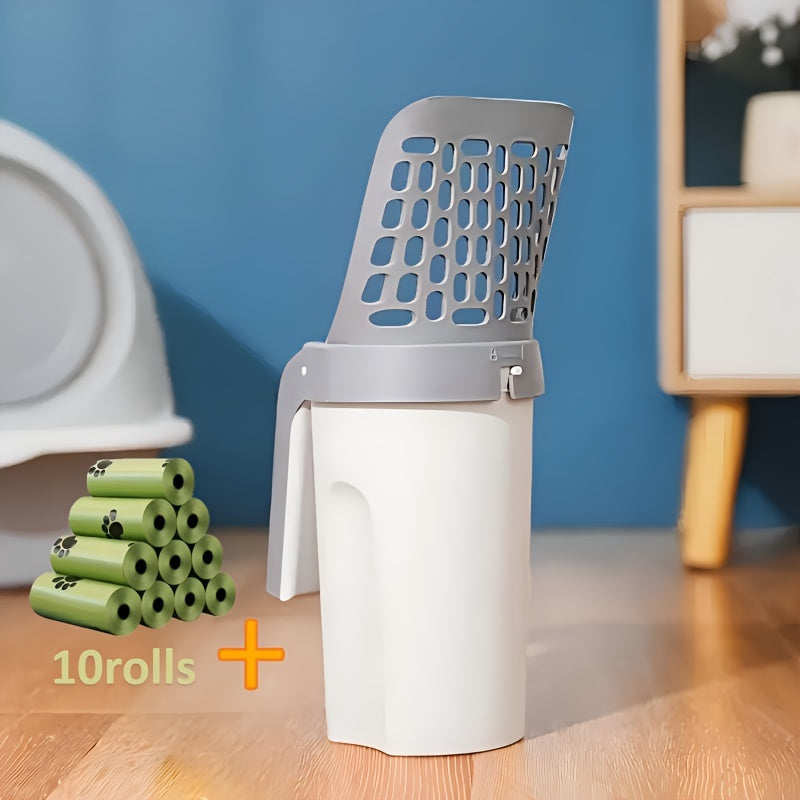 10-delige luxe kattenbakschepset - Duurzaam PP-materiaal voor langdurig gebruik, efficiënte kattenbakzeef met geïntegreerde afvalzakdispenser voor eenvoudige reiniging, geschikt voor alle kattenrassen en kattenbakvullingen.