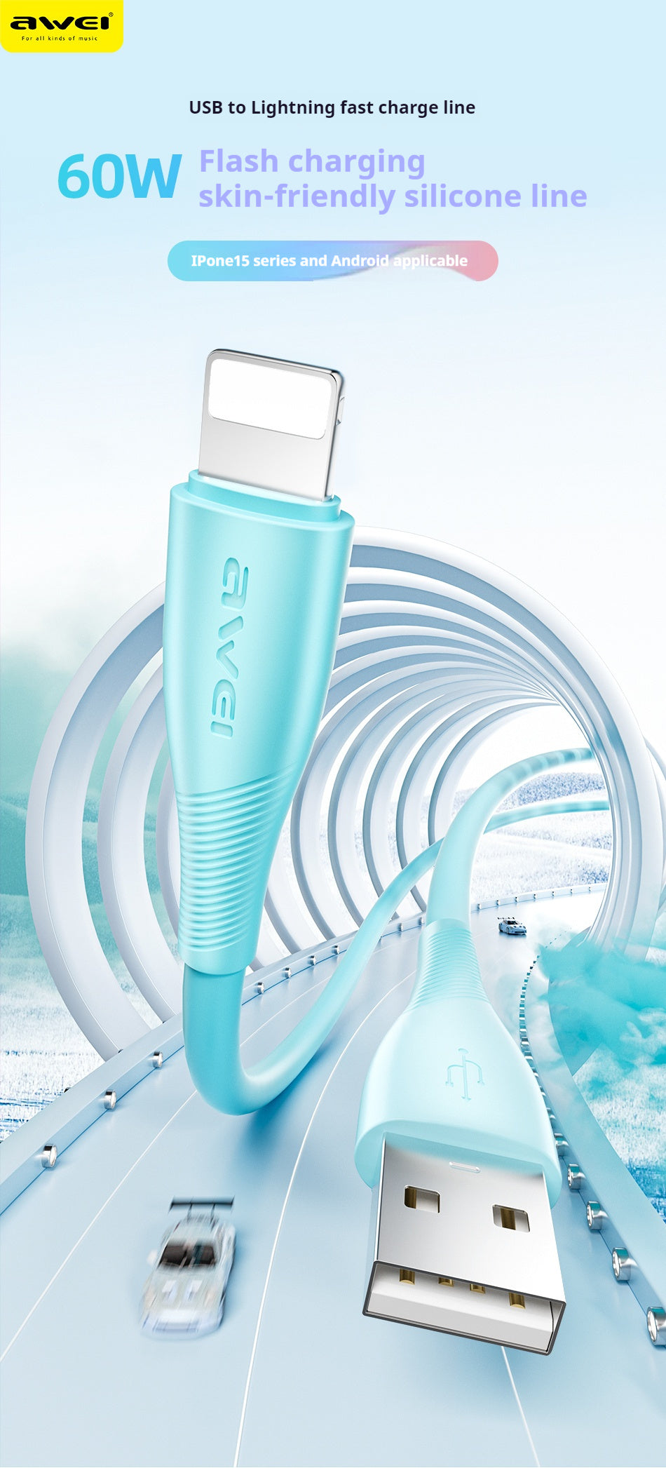 AWEI USB-A naar LIGHTNING snellaadkabel 1M en AWEI TYPE-C naar TYPE-C gevlochten kabel 60 W snellaadkabel 2M