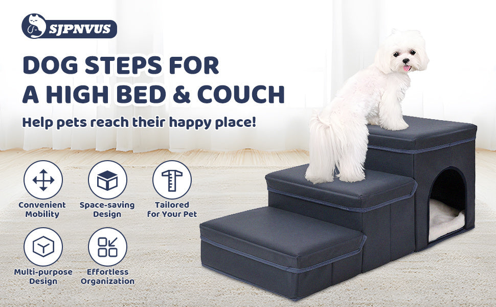 Opvouwbare hondentrap met opbergruimte - 3-laagse oprijplaat voor kleine tot middelgrote hondenrassen, Oxford-stof, geschikt voor hoge bedden en banken, hondentrap voor huisdieren, hondentrap