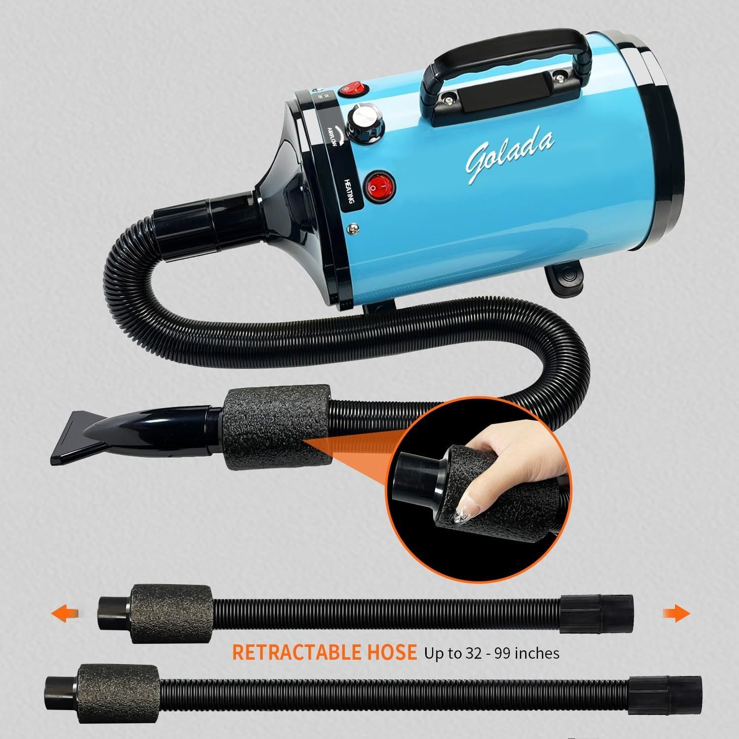 Professionele föhn voor het verzorgen van huisdieren met instelbare snelheid en temperatuur, 4 mondstukken voor honden en katten, stille, robuuste föhn - elektrisch met snoer, roze en blauw