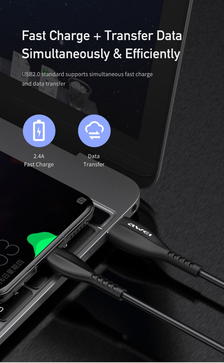 AWEI TYPE-C-kabel Kabel 1M Oplaadkop