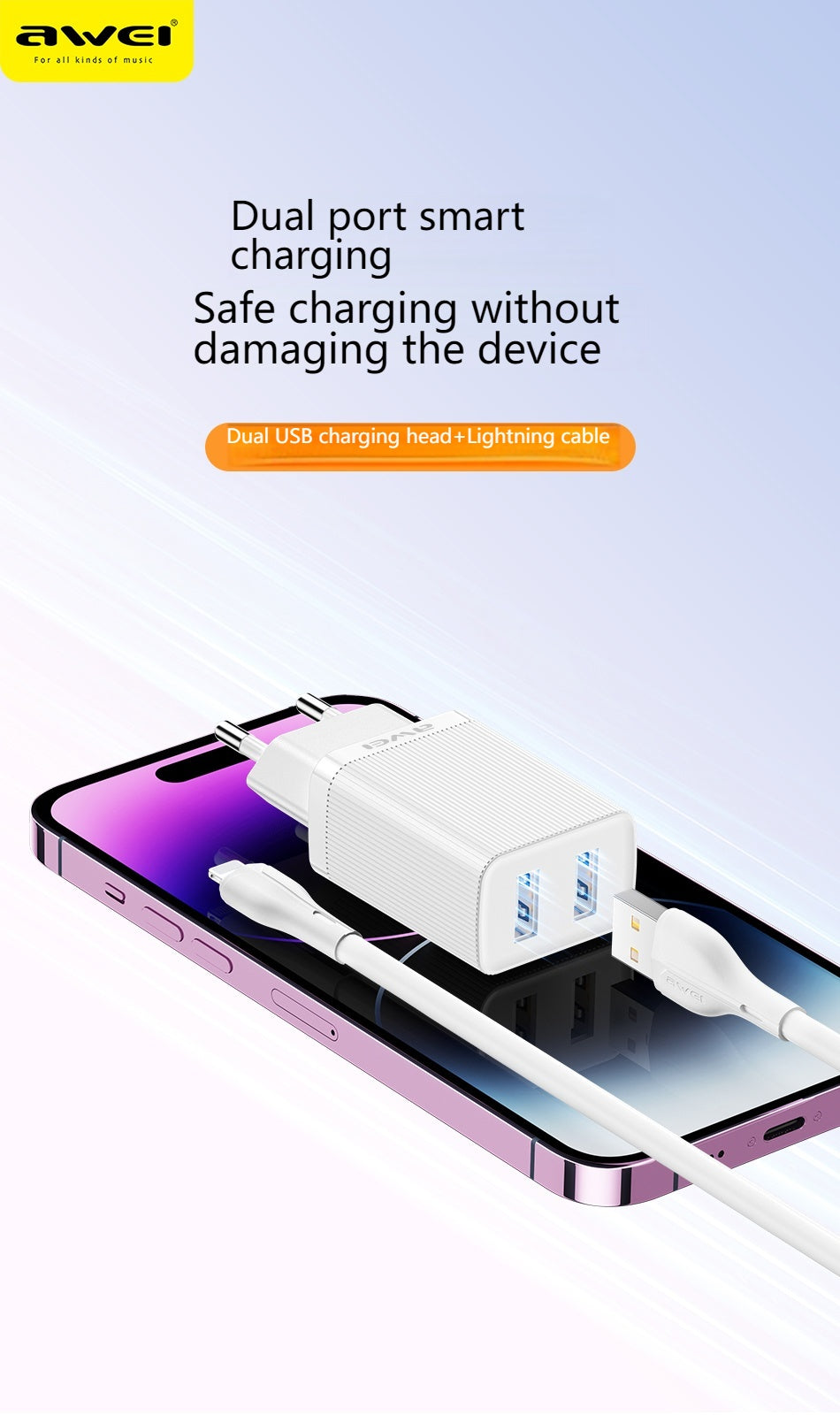 AWEI C15L Dubbele USB-oplaadkop, Lightning-kabelset 1M