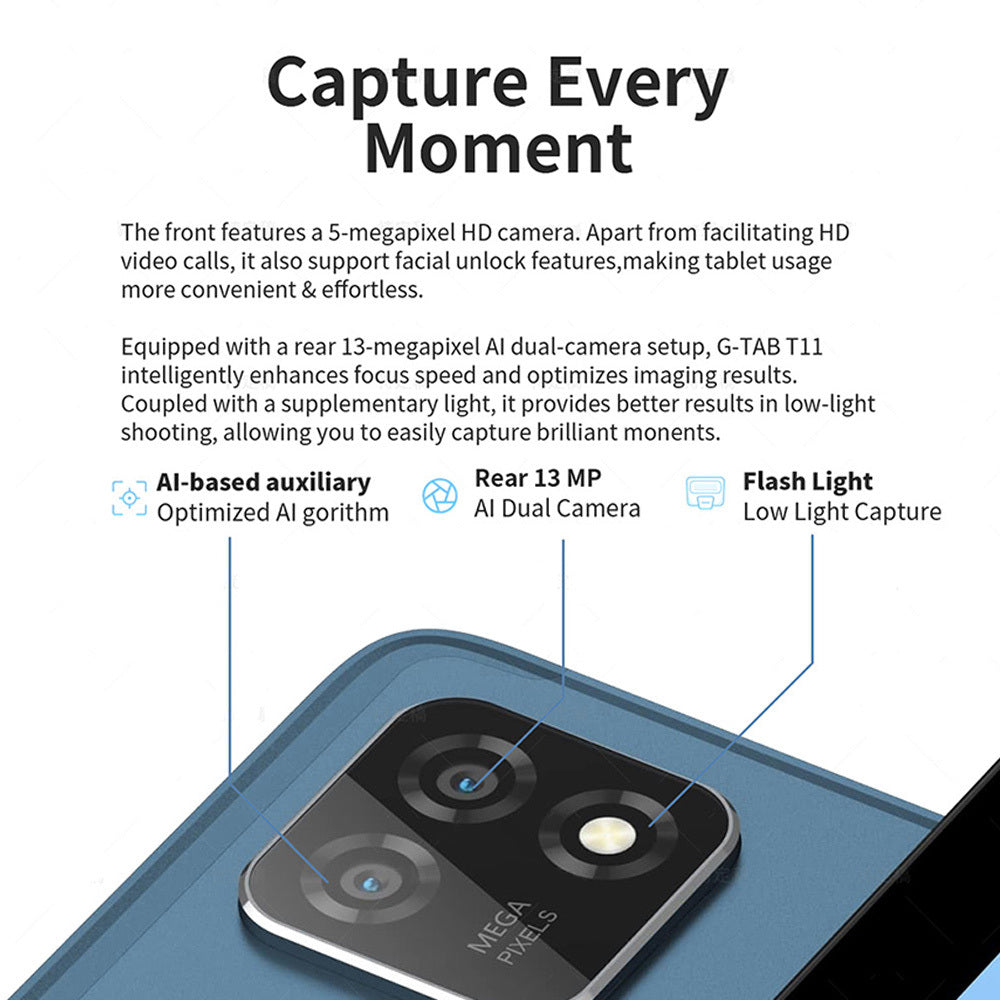 G-tab T11 Android 14 Tablet 10.1 Inch 1280&800 IPS Scherm Unisoc T606 8 Core Max 1.6GHz 8GB RAM 4GB & 4GB Uitbreiding 128GB ROM 2.4&5GHz WiFi Bluetooth 5.0 6580mAh Batterij 8MP & 13MP Camera Dual 4G
