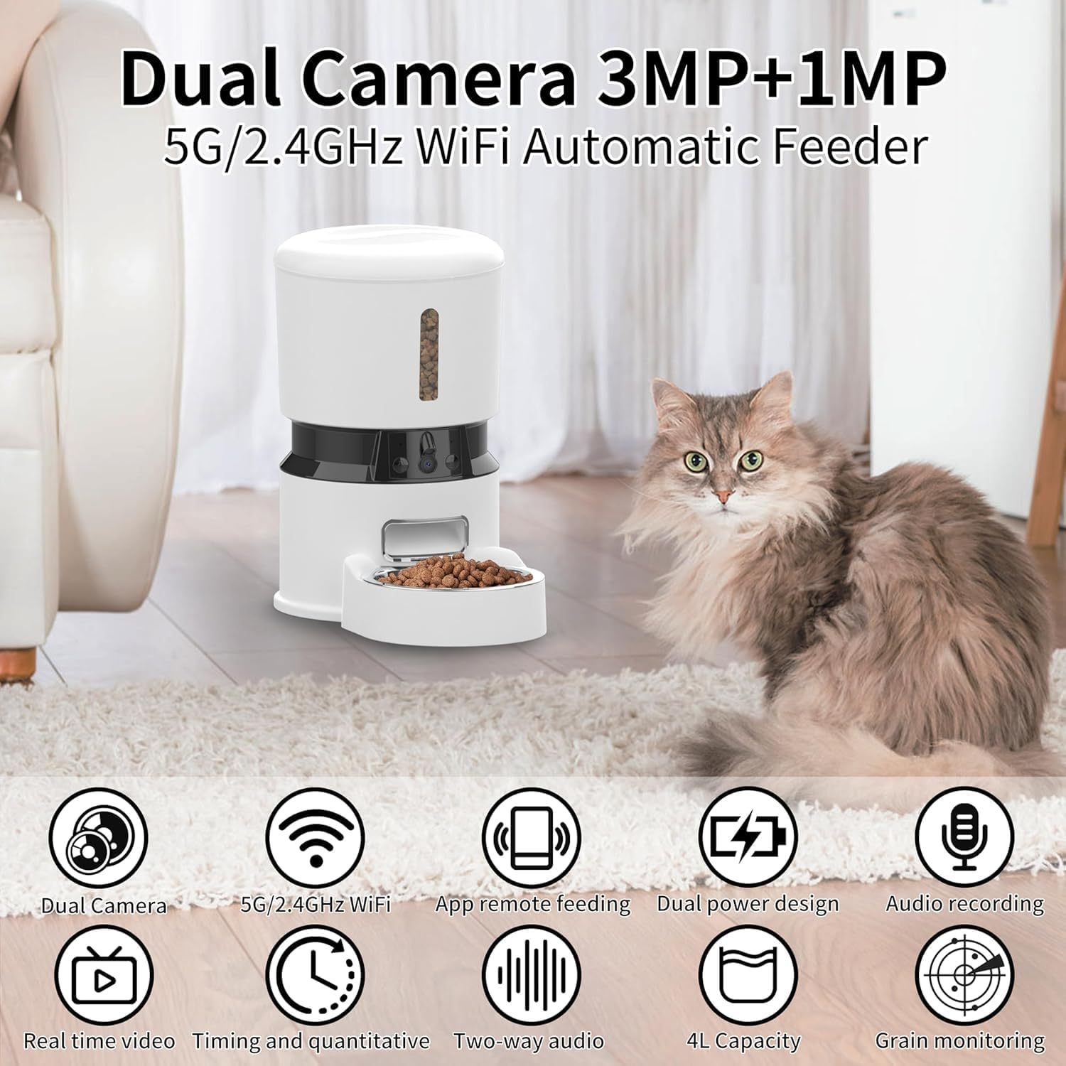 1080P HD-camera - Automatische kattenvoerbak, 4L, voerautomaat voor honden met tijdsinstelling, met behoud van versheid en een sensor voor lage voedselinname. Tot 10 maaltijden per dag, bestuurd door een slimme app.