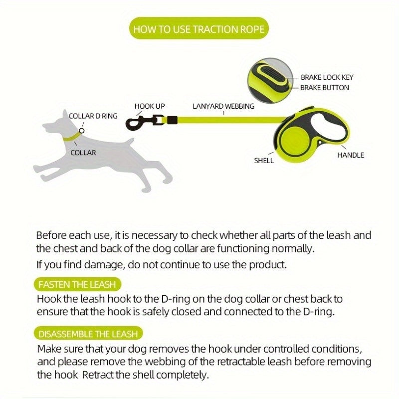 Robuuste, intrekbare hondenriem voor grote honden tot 49,9 kg - 4,88 meter, reflecterend nylon, antislip handvat, één knop, groen en zwart