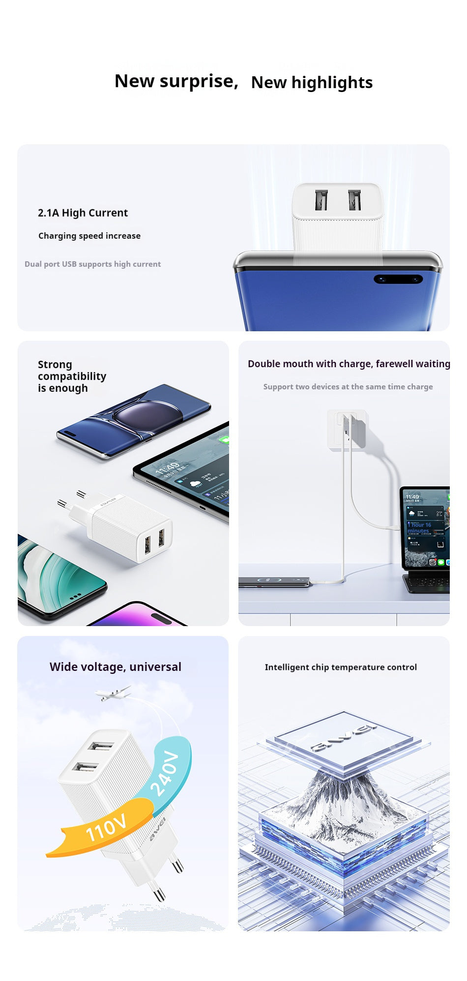 AWEI C15T Dubbele USB-Oplaadkop, Type-C-Kabelset 1M