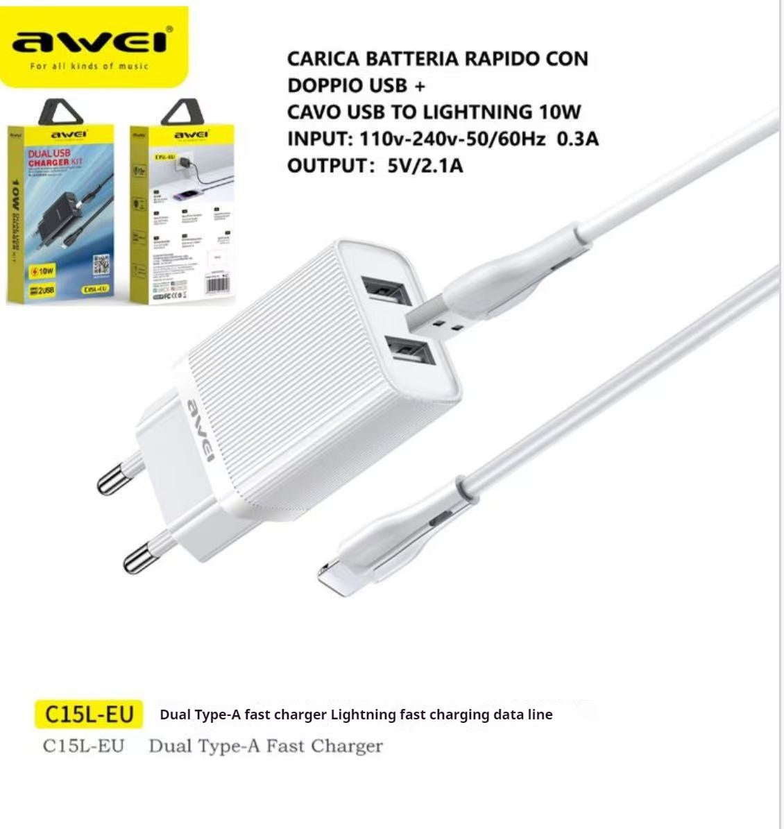 AWEI C15L Dubbele USB-oplaadkop, Lightning-kabelset 1M