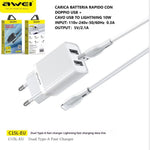 AWEI C15L Dubbele USB-oplaadkop, Lightning-kabelset 1M