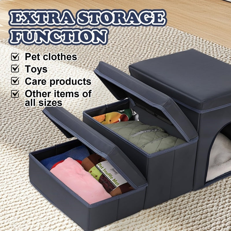 Opvouwbare hondentrap met opbergruimte - 3-laagse oprijplaat voor kleine tot middelgrote hondenrassen, Oxford-stof, geschikt voor hoge bedden en banken, hondentrap voor huisdieren, hondentrap