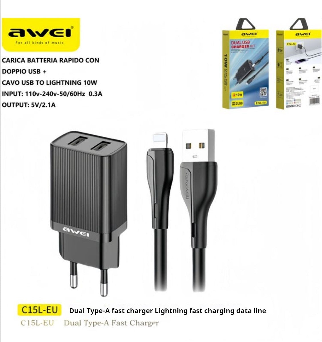 AWEI C15L Dubbele USB-oplaadkop, Lightning-kabelset 1M