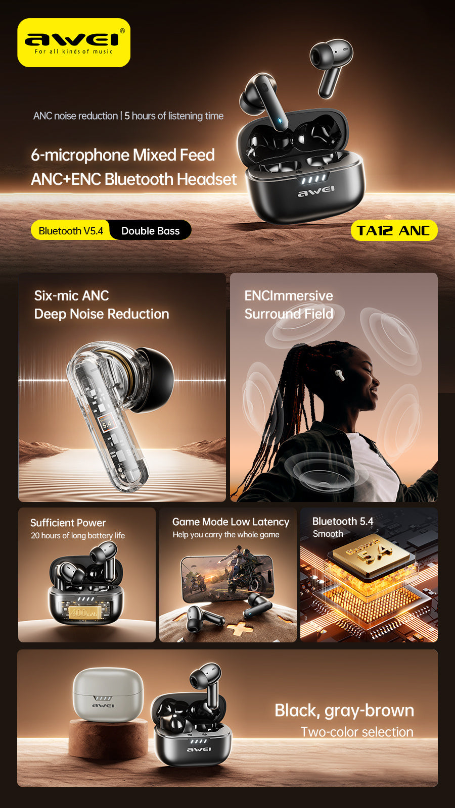 AWEI6 MI ANC ENCA RUISONDERDRUKKING BLUETOOTH HEADSET