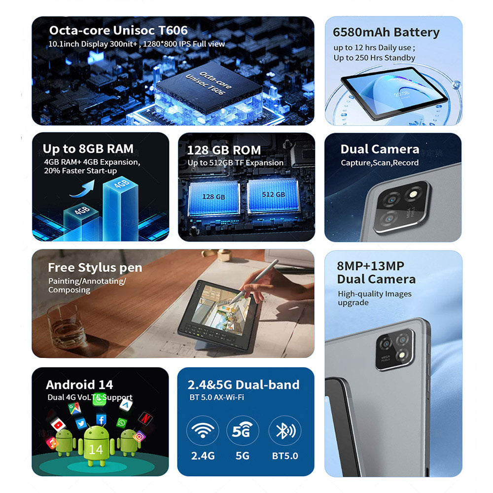 G-tab T11 Android 14 Tablet 10.1 Inch 1280&800 IPS Scherm Unisoc T606 8 Core Max 1.6GHz 8GB RAM 4GB & 4GB Uitbreiding 128GB ROM 2.4&5GHz WiFi Bluetooth 5.0 6580mAh Batterij 8MP & 13MP Camera Dual 4G