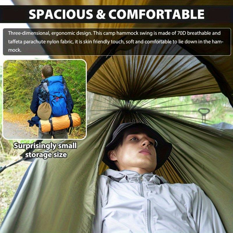 2025 Verbeterde dubbellaagse kampeerhangmat. 210D nylon mesh kampeerhangmat. Zonnebrandcrème en insectenwerend ontwerp met dubbele rits. Draagbare outdooruitrusting met karabijnhaak. Draagvermogen: 227 kg.