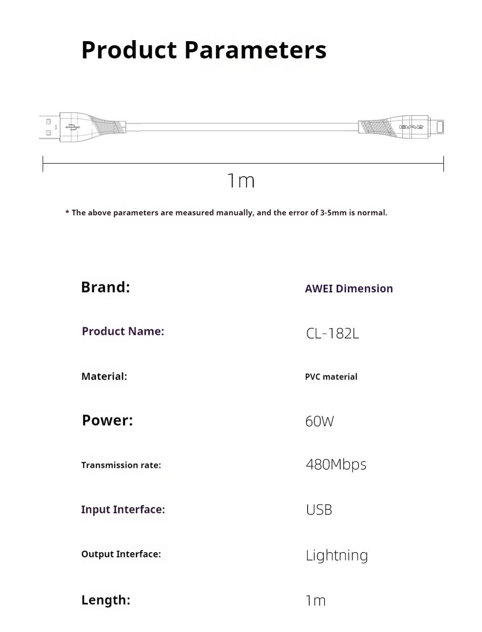 AWEI USB-A naar LIGHTNING snellaadkabel 1M en AWEI TYPE-C naar TYPE-C gevlochten kabel 60 W snellaadkabel 2M