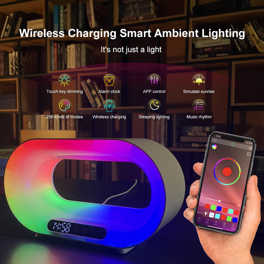 Multifunctioneel 3-in-1 LED-nachtlampje APP-bediening RGB-sfeer bureaulamp Slimme multifunctionele draadloze oplader Wekker
