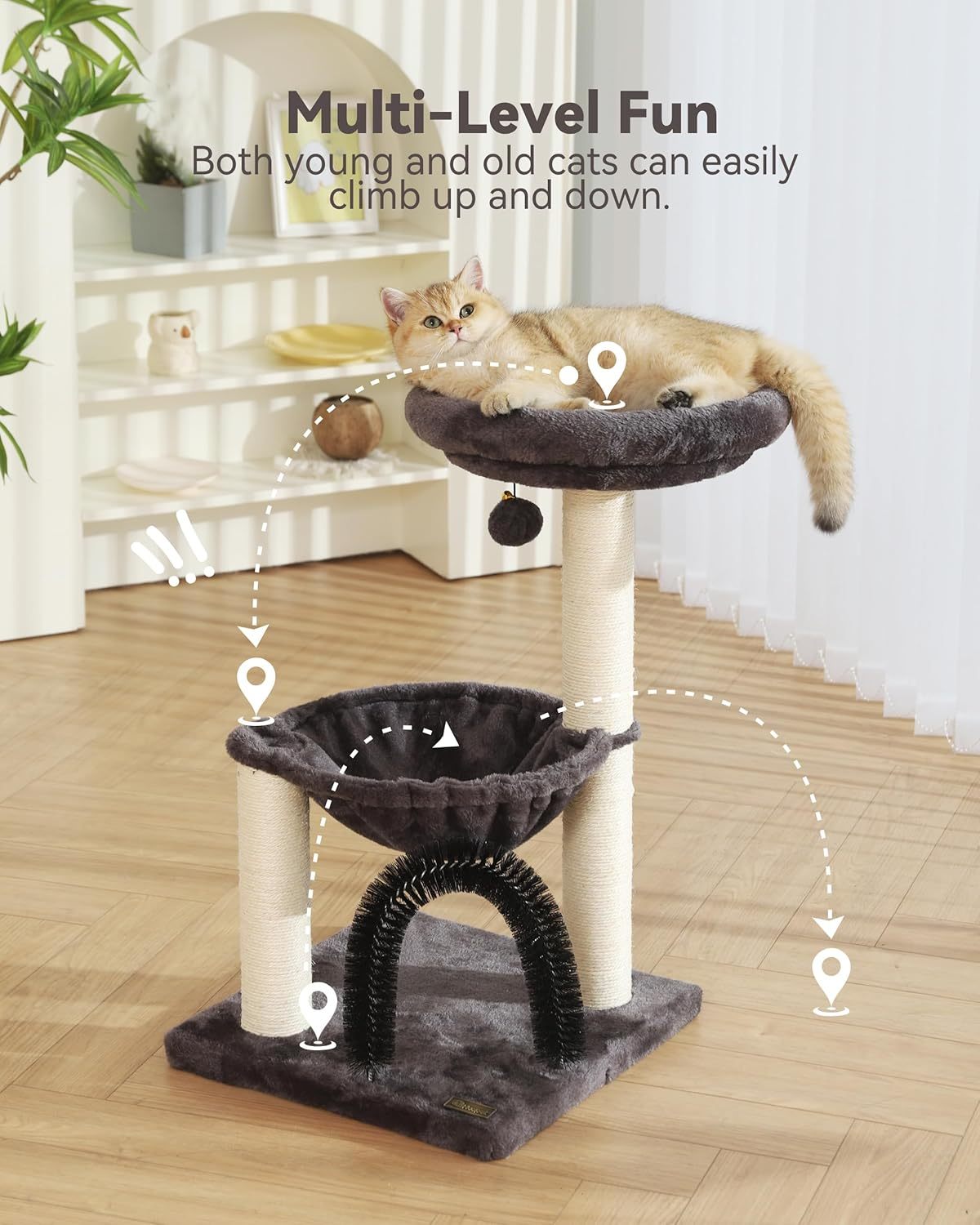 27.8 inch hoge kattentoren voor binnenkatten. Kattenmeubel met meerdere niveaus, met sisal krabpalen, pluchen zitstokken en hangende speeltjes. Grote, duurzame kattentoren, perfect cadeau voor kattenliefhebbers.