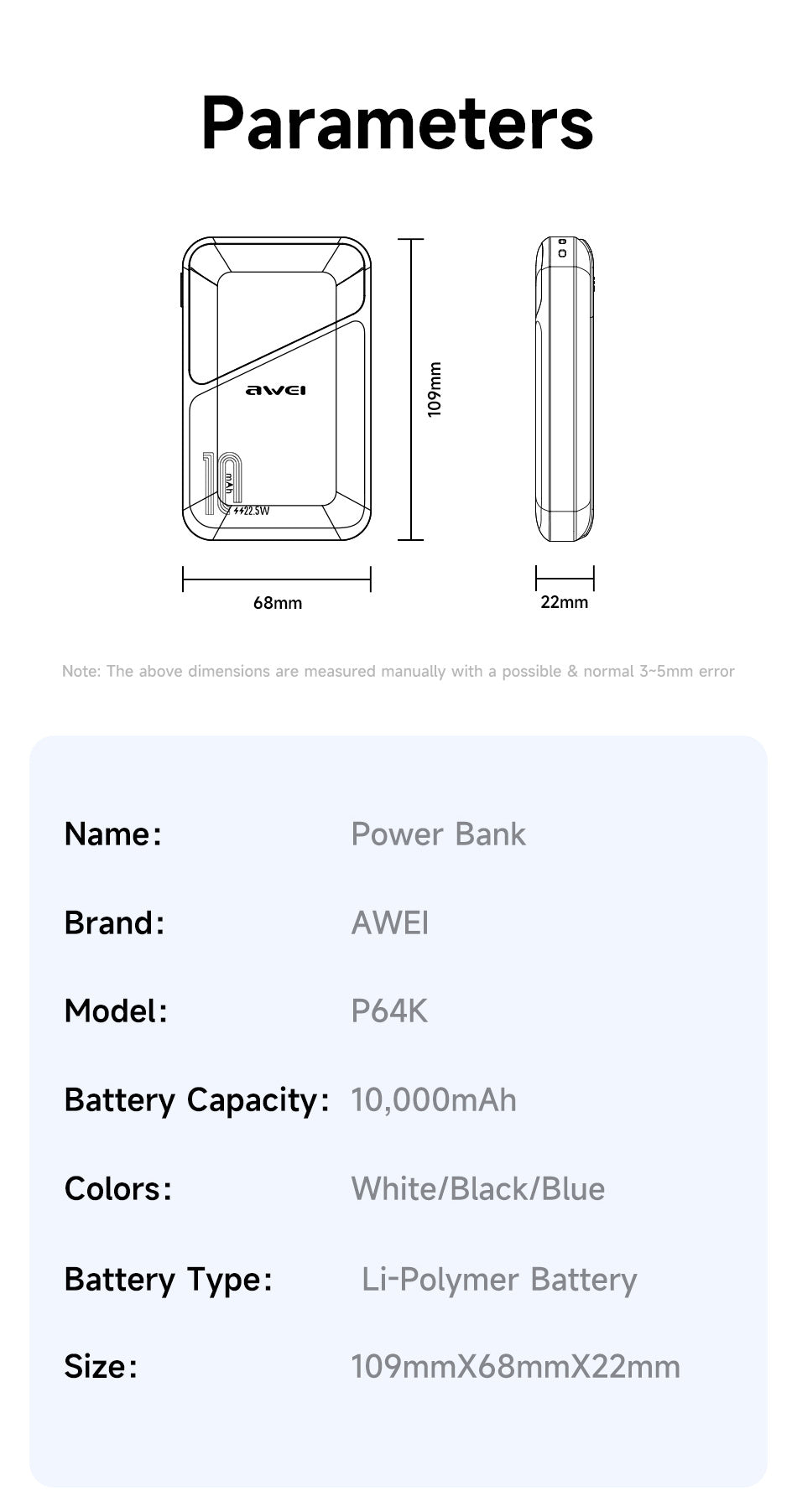 AWEI 22.5W Powerbank P64K
