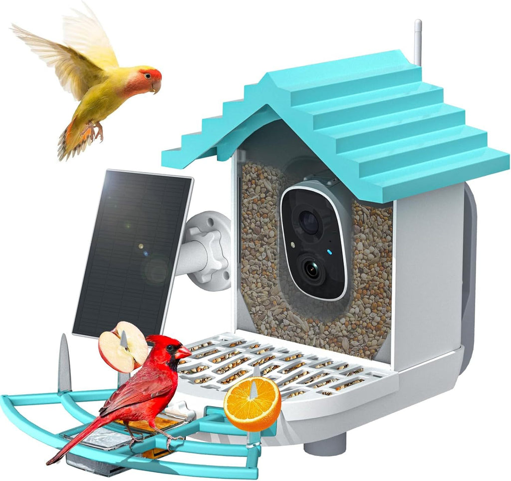 Voederhuisje met camera, AI-herkenning van vogelsoorten, slimme vogelcamera op zonne-energie, automatische opname van 2K-video's van vogels in de achtertuin, directe meldingen, ideale cadeaus voor familie en vogelliefhebbers