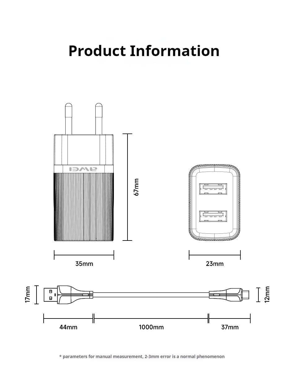 AWEI C15T Dubbele USB-Oplaadkop, Type-C-Kabelset 1M
