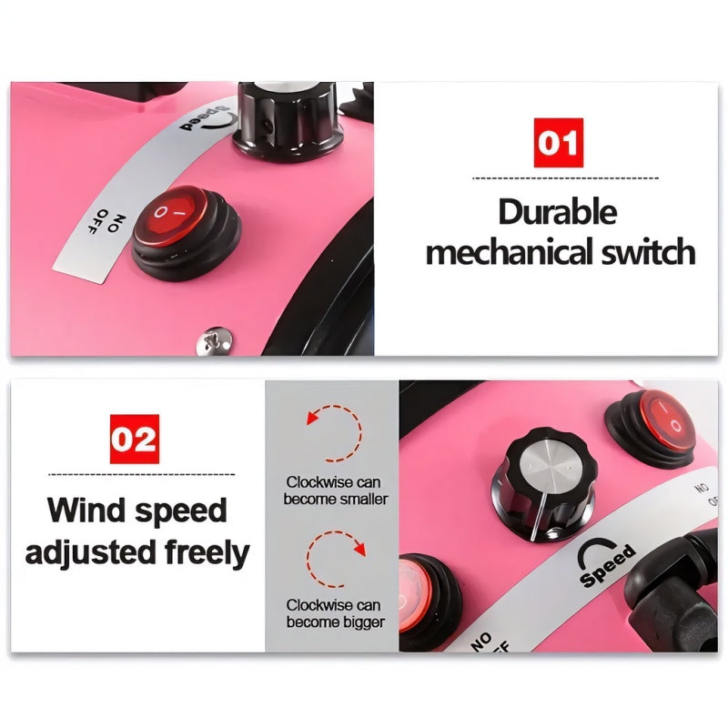 Professionele föhn voor het verzorgen van huisdieren met instelbare snelheid en temperatuur, 4 mondstukken voor honden en katten, stille, robuuste föhn - elektrisch met snoer, roze en blauw