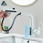 Digitalanzeige Badezimmer Waschbecken Wasserhahn Herausziehen 3-Wege-Düse Niederschlag Stream Sprayer Kran Heben Heißes Kaltes Wasser Mischbatterie