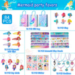 84 stuks zeemeermin-feestartikelen voor jongens en meisjes, waaronder zeemeermin-verjaardagsringen, sleutelhangers, armbandjes, tasjes, haarclips, kettingen, enz.