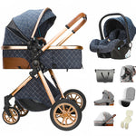 Luxe 3-in-1 kinderwagen, draagbare reiswagen, opvouwbare kinderwagen met hoog zitvlak en aluminium frame, geschikt voor pasgeborenen.