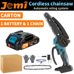 Jemi Tool 6 inch draagbare, draadloze, oplaadbare elektrische kettingzaag met twee accu's, houtzaag, snoeigereedschap voor tuin en boomgaard.