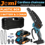 Jemi Tool 6 inch draagbare, draadloze, oplaadbare elektrische kettingzaag met twee accu's, houtzaag, snoeigereedschap voor tuin en boomgaard.