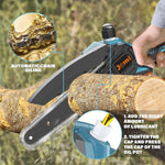 Jemi Tool 6 inch draagbare, draadloze, oplaadbare elektrische kettingzaag met twee accu's, houtzaag, snoeigereedschap voor tuin en boomgaard.