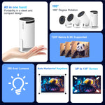 Magcubic Mini Projector ondersteunt 8K en 720P met dual-band wifi 6 en 5G draadloze verbinding, draait op Android 14, heeft een resolutie van 290 ANSI en een 180° draaibare videolens. HY300 Pro